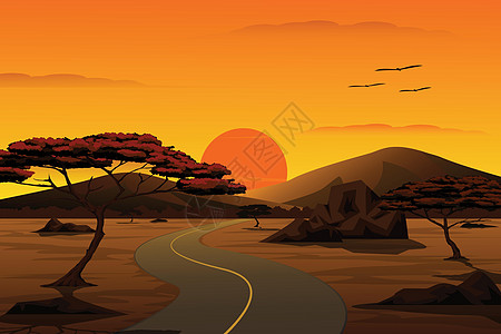 美国1号公路乡村景观的矢量卡通插图 日落时通往山谷的道路 背景是山和天空插画