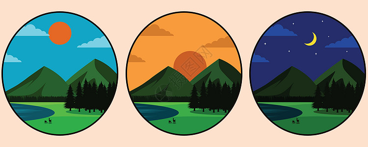 山湖树木草地天空和鹿吃的景色的插图有三个图像是白天日落和夜晚的三倍图片