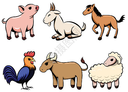 一套六行艺术卡通矢量图像的各种农场动物有猪山羊马鸡牛和 shee产品小猪食物绘画农民山羊卡通片农村公鸡牛肉图片