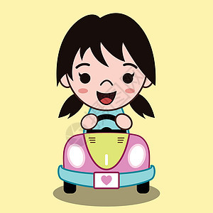 一个女孩驾驶敞篷车的可爱卡通矢量插图 她笑得很开心图片