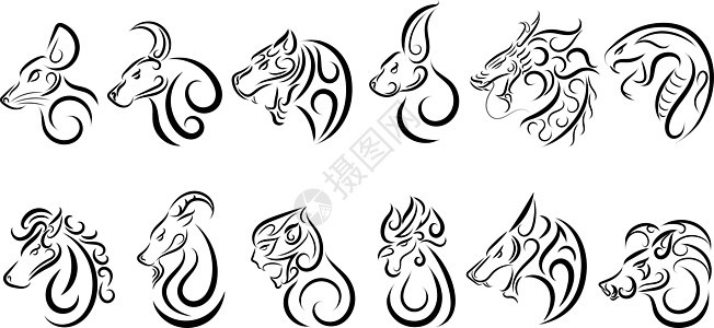 一套十二生肖星座符号 概念中国新年快乐 十二种动物的线条艺术矢量图老鼠日历兔子文化公鸡月球老虎插图山羊八字图片