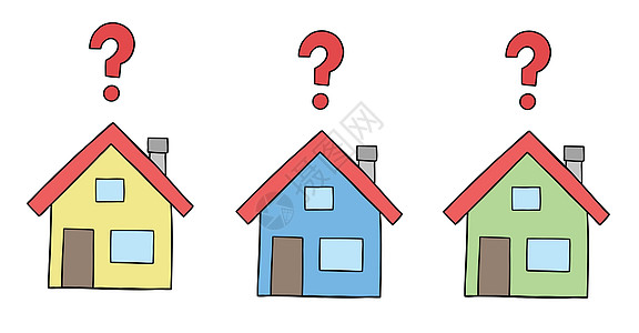 带问号的三个房子的卡通矢量图经济住房建造绘画公寓危机手绘销售建筑学家庭背景图片
