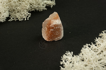 来自巴基斯坦的石盐或岩盐 黑色背景上的天然矿物石被苔藓包围 矿物学 地质学 魔法 半宝石和矿物样品 特写微距照片输送带环境贮存天图片