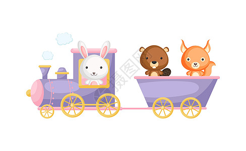 可爱的卡通紫色火车与野兔司机和海狸松鼠在白色背景的货车上 设计儿童书籍贺卡婴儿送礼会邀请墙装饰 矢量图图片