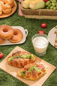 红桌布 篮子 健康食品三明治和水果 橙色 牛奶 暑假休息会Summer Rest草地食物面包检查沙拉派对自助餐红色橙子白色图片