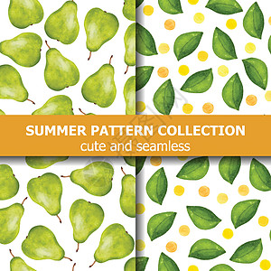 美味的夏季图案系列与水彩梨和点 夏季横幅图片