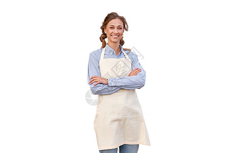 身着白底围裙的妇女 穿制服的高加索中年女商业主妇女工作室快乐职业工人商务餐厅服务员人士厨师文员图片