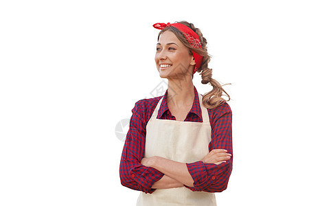 身着白底围裙的妇女 穿制服的高加索中年女商业主妇女快乐微笑人士厨师园丁店铺职员女性餐厅饭馆图片