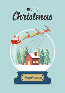 圣诞玻璃球与圣诞老人雪橇和冬季房屋问候车图片