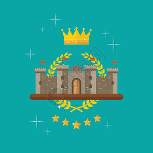 带有君主符号的皇冠和城堡纪念日比赛动机胜利标签证书徽章优胜者金子勋章图片
