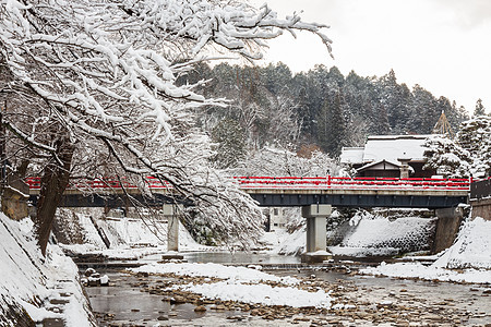 中桥 下雪 宫川河 冬季 日田 吉富 高山和日本的陆界标志城市房子公园地标降雪游客文化建筑旅游村庄图片