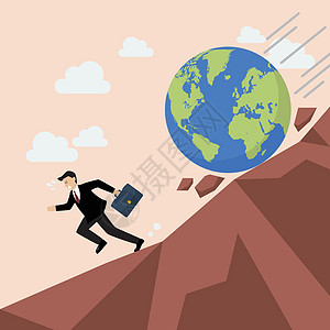 生意人逃离地球 而地球正在向着他滚来转去世界生长生态经济气候员工商业悬崖爬坡危机图片