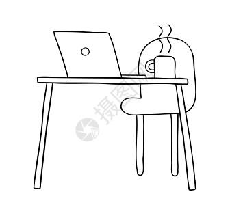 桌上和笔记本电脑的卡通矢量插图设计师涂鸦技术杯子桌面记事本咖啡卡通片草图办公室图片