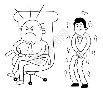 卡通愤怒的老板坐在他的椅子上 害怕的工人在他身后等着 它制作图案压力欺凌绘画管理人员手绘剪贴首席惩戒雇主卡通片图片