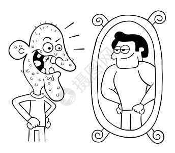 卡通丑男照镜子 觉得自己很帅矢量图福利绘画手绘治疗卫生剪贴镜子反射插图老化图片