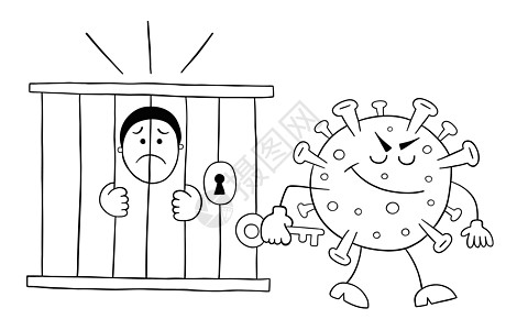 卡通冠状病毒怪物将男子锁在监狱中 制作图案流感法律风险疫苗手绘男人生物微生物注意力刑事图片