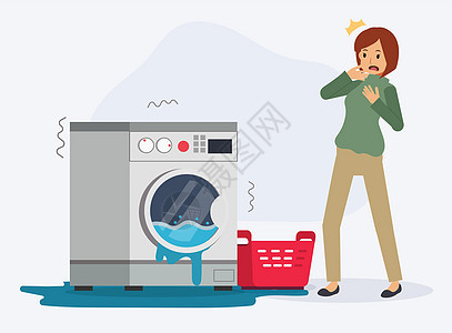 由于洗衣机坏了 洗涤机需要修补 修复和排水 平坦的矢量卡通人物插图图片