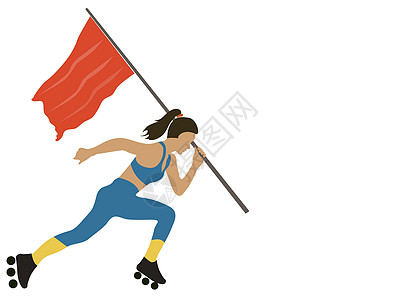妇女穿着滑板鞋手 手持白背景的悬挂着跑旗的妇女图片