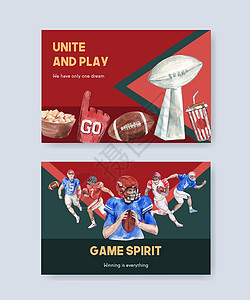 广告广告和销售水彩色矢量插图的广告牌模板 带有超级碗体育概念设计软件帽子闲暇头盔水彩玩家竞赛橄榄球运动营销横幅图片