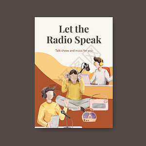 世界无线电日概念设计海报模板 用于广告和企业水彩色矢量插图的招贴画和商业嗓音小册子玩家歌曲流行音乐音乐派对说话磁带收音机图片