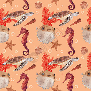 海洋生命概念设计水彩色矢量插图的格局章鱼海马异国乐趣热带水彩海蜇野生动物动物卡通片背景图片