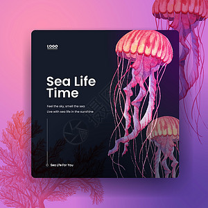 广告模板 带有海洋生命概念设计水彩色矢量插图章鱼卡通片情调海马热带螃蟹海蜇水族馆海藻水彩图片