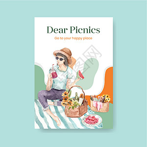 张贴海报模板 带有野餐旅行概念 用于水彩色插图营销活动广告食物午餐水彩假期卡通片家庭公园图片