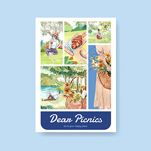 张贴海报模板 带有野餐旅行概念 用于水彩色插图绘画假期活动家庭快乐享受水彩广告午餐公园图片