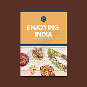 海报模板与印度食品概念设计广告和营销水彩插画盘子传单美食食谱小册子蔬菜菜单厨房插图餐厅图片