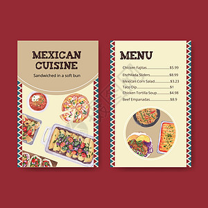 配有墨西哥食品概念设计水彩色插图的菜单模板营销水彩传单餐厅手绘小酒馆咖啡店小册子胡椒美食背景图片