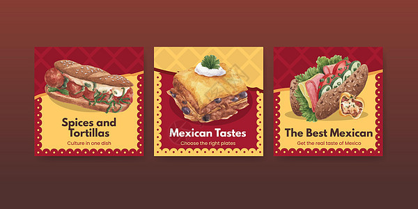广告模板与墨西哥食品概念设计水彩插图辣椒胡椒手绘菜单营销美食餐厅背景图片