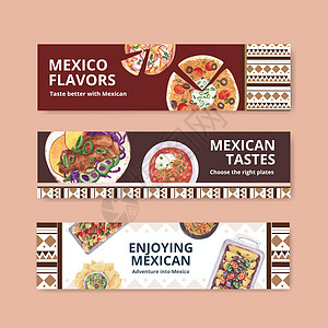 横幅模板与墨西哥食品概念设计水彩插图菜单广告手绘营销餐厅胡椒美食辣椒图片