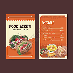 配有墨西哥食品概念设计水彩色插图的菜单模板小册子咖啡店水彩传单辣椒营销胡椒广告美食小酒馆图片