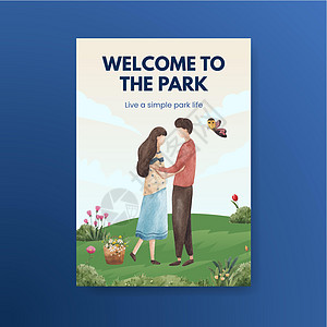 配有公园和家庭概念设计的海报模板 用于宣传单和水彩色插图的小册子花园广告场景社区长椅乐趣城市民众夫妻卡通片图片