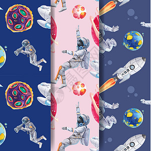 带有星系概念设计设计水彩色插图的无缝模板模式宇航员太阳天文飞碟营销行星宇航服水彩地球轨道图片
