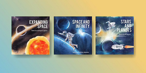 发布带有银河概念设计设计水彩色插图的广告模板宇航服火箭营销科学太空人星系太阳地球宇航员数字图片