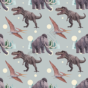 带有恐龙概念 水彩色风格的无缝模板模式热带吉祥物卡通片侏罗纪动物园营销水彩哺乳动物动物博物馆图片