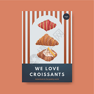 带有羊角面包概念 水彩色风格的海报模板小吃食物蛋糕水彩包子新月广告早餐糕点咖啡店图片