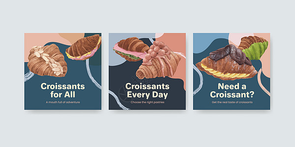 带有羊角面包概念 水彩色风格的板条模板巧克力食物水彩甜点小吃黄油传统新月包子午餐图片