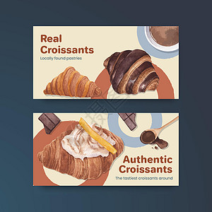 带有羊角面包概念 水彩色风格的Twitter模板甜点社区脆皮巧克力午餐广告互联网蛋糕包子糕点图片