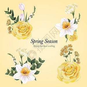 带有春花概念 水色风格的花花花花季节花园植物打印玫瑰树叶插图绿色水彩手绘图片