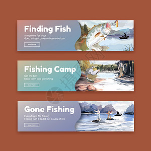 带有渔营概念 水彩色风格的板条模板广告俱乐部娱乐营销海鲜运动野生动物旅游钓鱼手绘图片