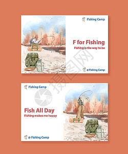 带有渔营概念 水彩色风格的Facebook模板旅游野生动物营销社区闲暇钓鱼海鲜比赛社交卡片图片