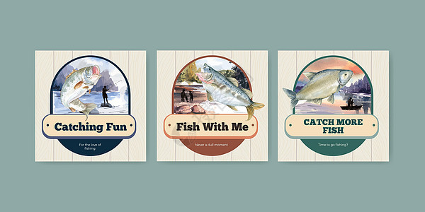 带有渔营概念 水彩色风格的板条模板海鲜运动营销钓鱼比赛野生动物水彩俱乐部闲暇娱乐图片
