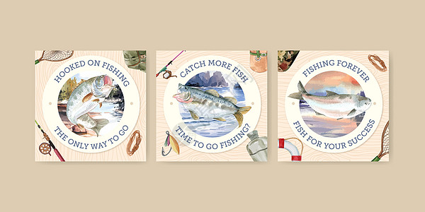 带有渔营概念 水彩色风格的板条模板运动海鲜俱乐部闲暇水彩动物娱乐旅游卷轴营销图片