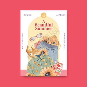 带有夏季山丘概念 水彩风格的海报模板相机传单吉他向日葵营销花朵广告插图乐趣帽子图片