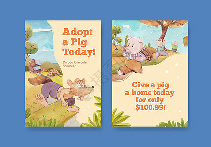 带有三个可爱的小猪概念的纸牌模板 水彩色风格插图卡通片孩子微笑故事婴儿哺乳动物动物童话广告图片