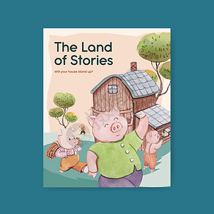 封面书模板 有三只可爱的小猪概念 水彩风格卡通片童话宠物动物孩子农村猪肉谷仓婴儿广告图片