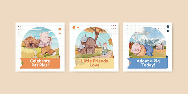 Banner 模板 三只可爱的小猪概念 水彩风格农村童话农业插图广告婴儿微笑吉祥物猪肉卡通片背景图片
