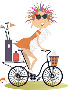骑自行车的笑女人去打高尔夫球图片